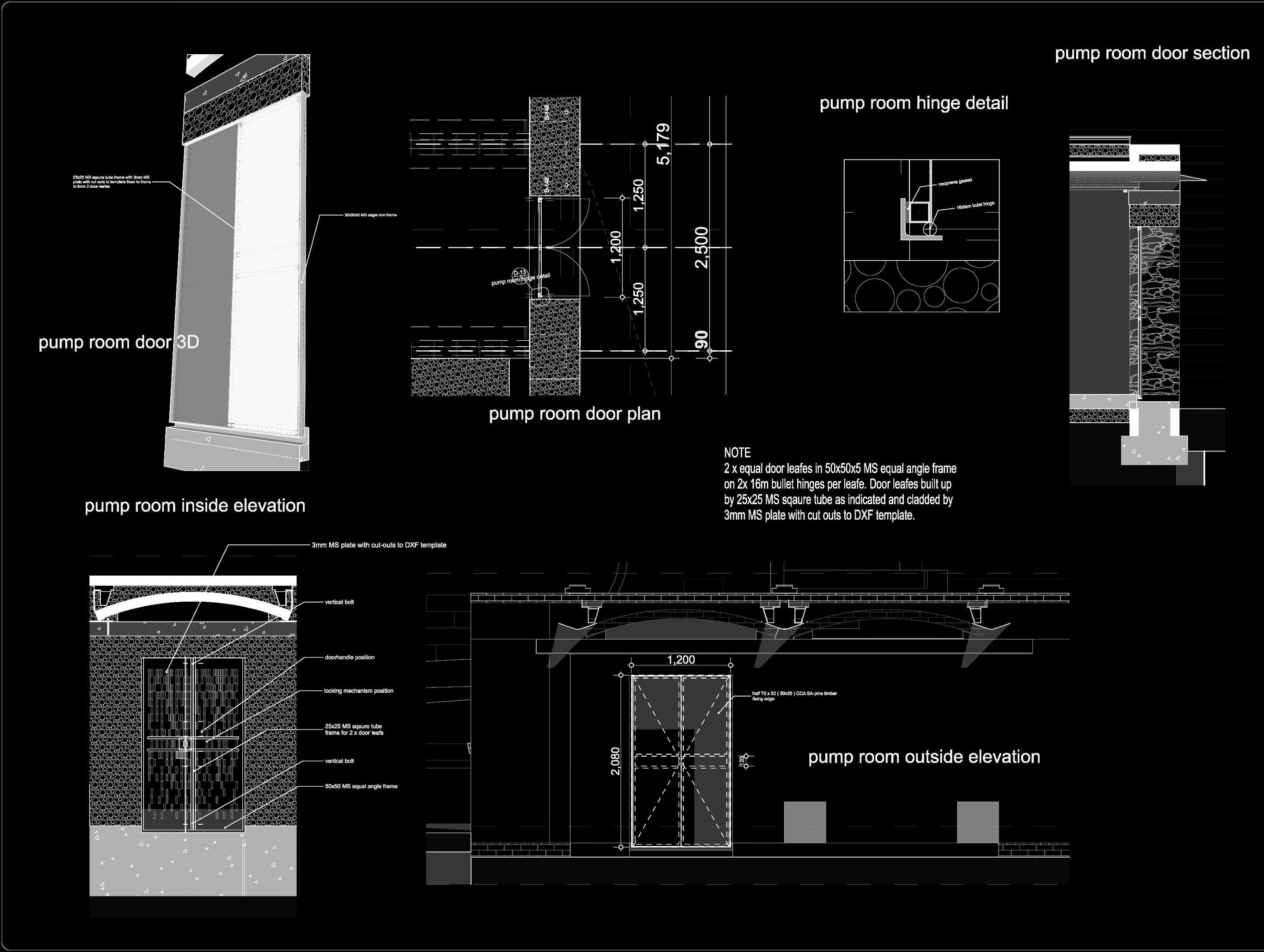 Pump room — door plan, section, hinge detail, inside and outside elevations